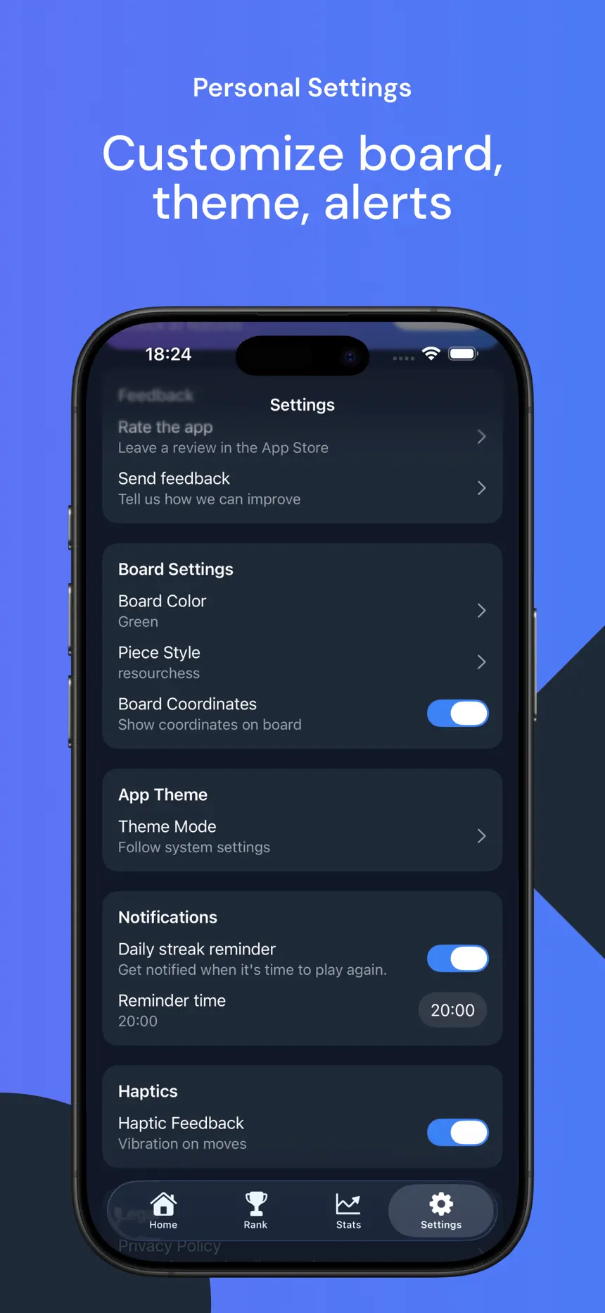 Settings for board color, piece style, theme and streak reminders